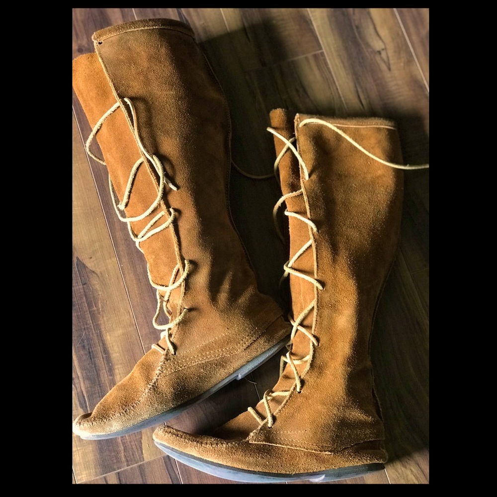 Minnetonka tall suede moccasin boots, size 10